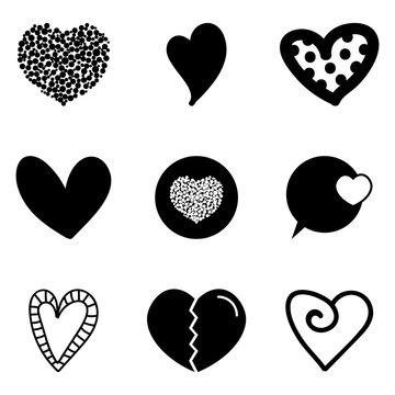 Set, collection of doodle, flat design black heart icons isolated on white background.