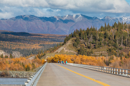 Bridge over the Copper River on the boundary of the Wrangell-St. Elias National Park and Preserve, famous for the dip-net salmon fishery. Alaska, USA.