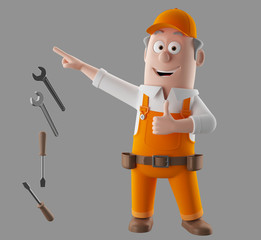 3d render worker man with set of tools