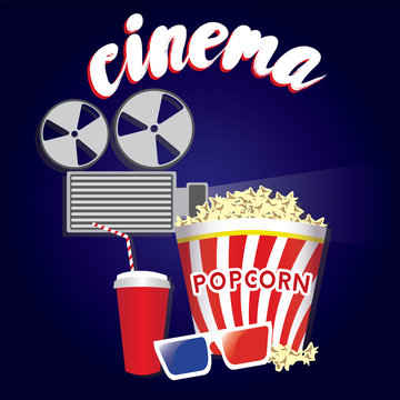 Popcorn, soda glass, glasses and a movie projector in a flat style. Vector illustration. Cinema.