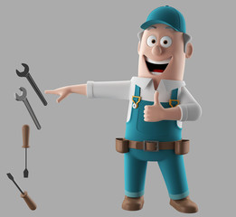 3d render worker man with set of tools