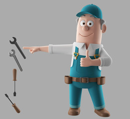 3d render worker man with set of tools