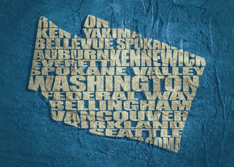Word cloud map of Washington state. Cities list collage. Grunge texture