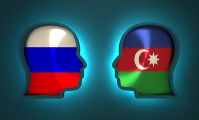 Image relative to politic and economic relationship between Russia and Azerbaijan. National flags inside the heads of the businessmen. Teamwork concept. 3D rendering. Neon light