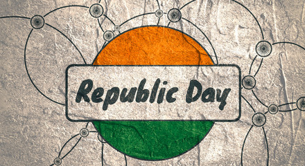 Indian Republic day concept with text Republic day. Modern brochure, report or flyer design template. Scientific design. Connected lines with dots. Round India flag. Grunge texture