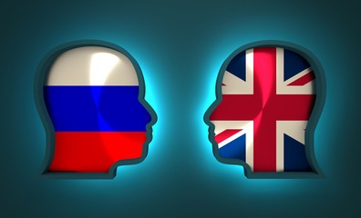 Image relative to politic and economic relationship between Russia and Britain. National flags inside the heads of the businessmen. Teamwork concept. 3D rendering. Neon light
