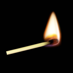Wooden match on fire. Isolated on a black background. Stock vect