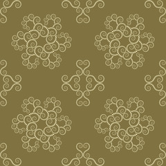 Seamless lace pattern. Vintage, curled texture. Spiral, swirl silhouettes floral snowflakes. Twist ornament of laurel leaves. Yellow figure on soft olive background. Gold colored. Vector