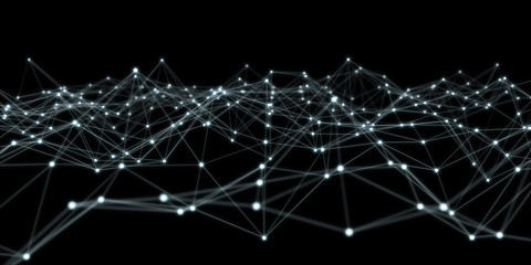 Floating white and blue dot network 3D rendering