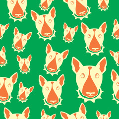 Happy dog bull terrier black and white vector background. Seamless pattern.