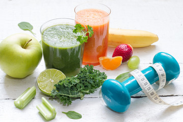 Fruits, vegetables, juice, smoothie and dumbell health diet and fitness lifestyle concept
 - obrazy, fototapety, plakaty