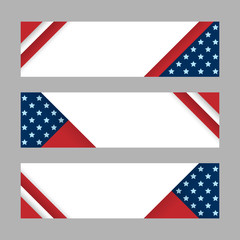 Set of modern vector horizontal banners, page headers with stripes and stars in the colors of the American flag. Material design banners for Presidents day, USA Independence day, national celebrations