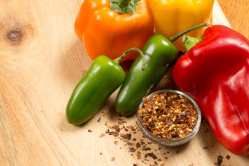 Crushed red pepper and Colorful Peppers and Jalapenos