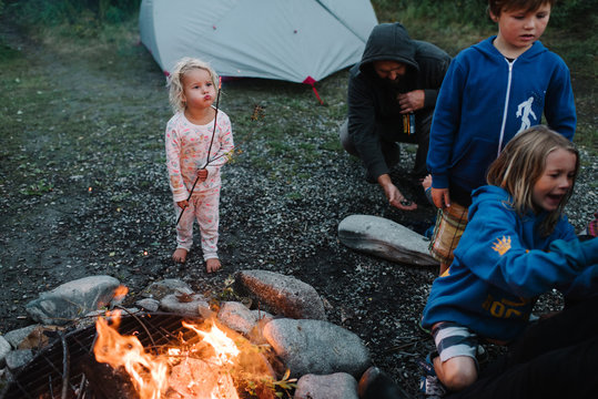 Family enjoying campfire at dusk
