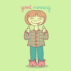 Vector illustration of cute girl in pajamas wishing good morning