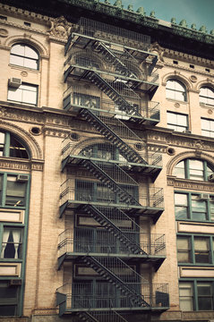 Fire escape on a building in New York, USA, Vintage filtered style