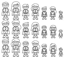 Cute Collection of Diverse Stick Figure Superheroes or Superhero Families - Vector Format