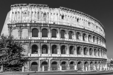 Beautiful black and white view of the famous Colosseum in the historic center of Rome, Italy