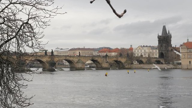 Ancient archtecture of Charles bridge over Vltava river in capital of Czechia slow tilt 3840X2160 UHD footage - Czech Republic city of Prague on cloudy day 2160p UltraHD tilting video 