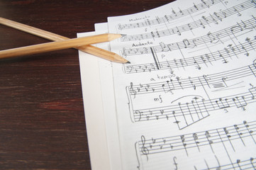 Music notes and two pencils on table