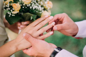 Obraz na płótnie Canvas picture of man putting wedding ring on woman hand