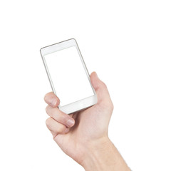 Smartphone in hand with blank screen isolated on white, clipping