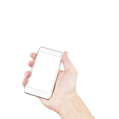 Smartphone in hand with blank screen isolated on white, clipping