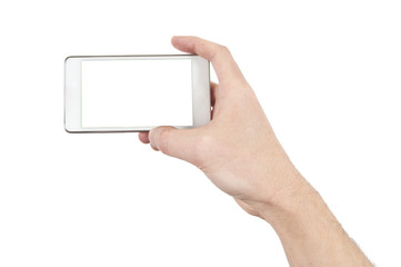 Smartphone in hand with blank screen isolated on white, clipping