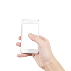 Smartphone in hand with blank screen isolated on white, clipping