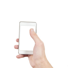 Smartphone in hand with blank screen isolated on white, clipping