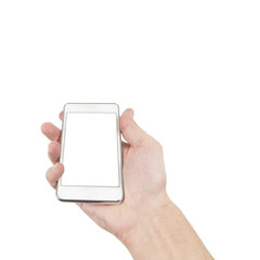 Smartphone in hand with blank screen isolated on white, clipping