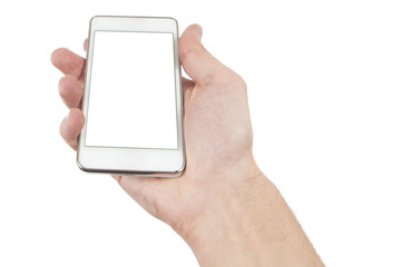 Smartphone in hand with blank screen isolated on white, clipping