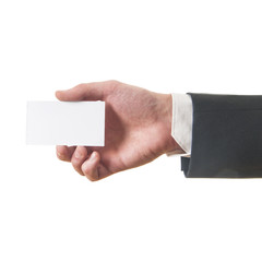 Blank business card in a businessman's hand