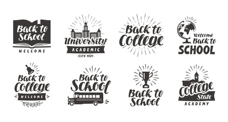 School, college set icons. Beautiful calligraphic lettering. Label vector illustration