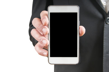 Human hand holding blank mobile smart phone isolated on white ba