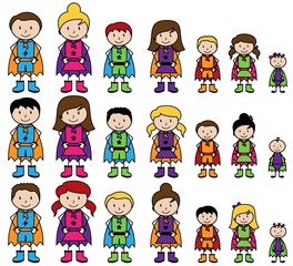 Cute Collection of Diverse Stick Figure Superheroes or Superhero Families - Vector Format