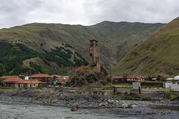 Medieval watch tower  in village Sno  (Sno castle), Kazbegi region, Georgia