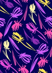 Floral seamless background pattern with tulips. Spring flowers blossom vector illustration hand drawn.