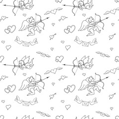 Seamless pattern with angels and hearts in doodle style. Valentines Day. Romantic love had draw