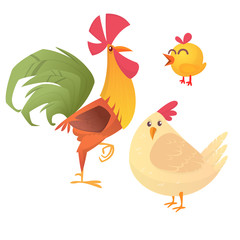 Cartoon illustration of rooster, hen and chicken, isolated on white. Vector