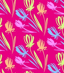 Fototapeta na wymiar Floral seamless background pattern with tulips. Spring flowers blossom vector illustration hand drawn.