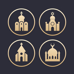 religion buildings icons set, mosque, catholic and orthodox church, synagogue, gold on dark