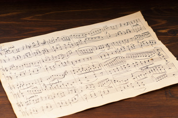 Fototapeta na wymiar Yellowed from time sheet music notation. Manuscript