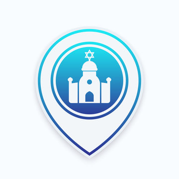 Synagogue Icon On Map Pointer, Jewish House Of Worship