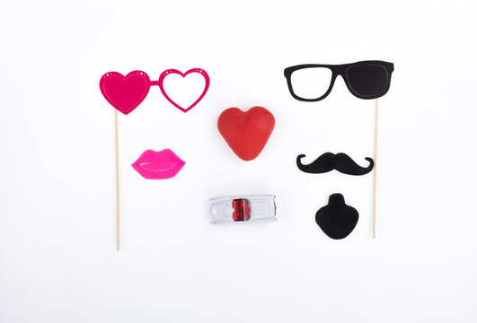 paper mustache and glasses, Paper Women's lips, set for wedding, red heart, Valentine's Day