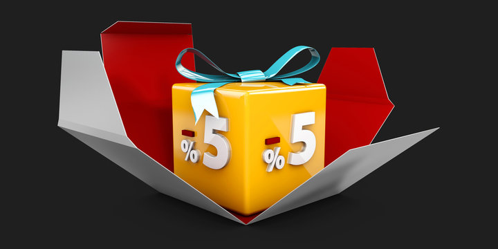 3d Illustration red discount 5 percent off and in the gray box on black background.