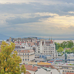 Skyline of Lausanne, Switzerland as seen from the Cathedral hill