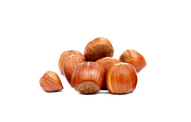 Group fresh hazelnuts isolated on white background