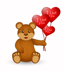Brown teddy bear with balloons in the shape of a heart. Vector illustration.