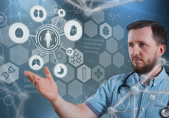 Handsome male doctor and virtual 3D illustration computer interface. Innovative technologies in science and medicine concept